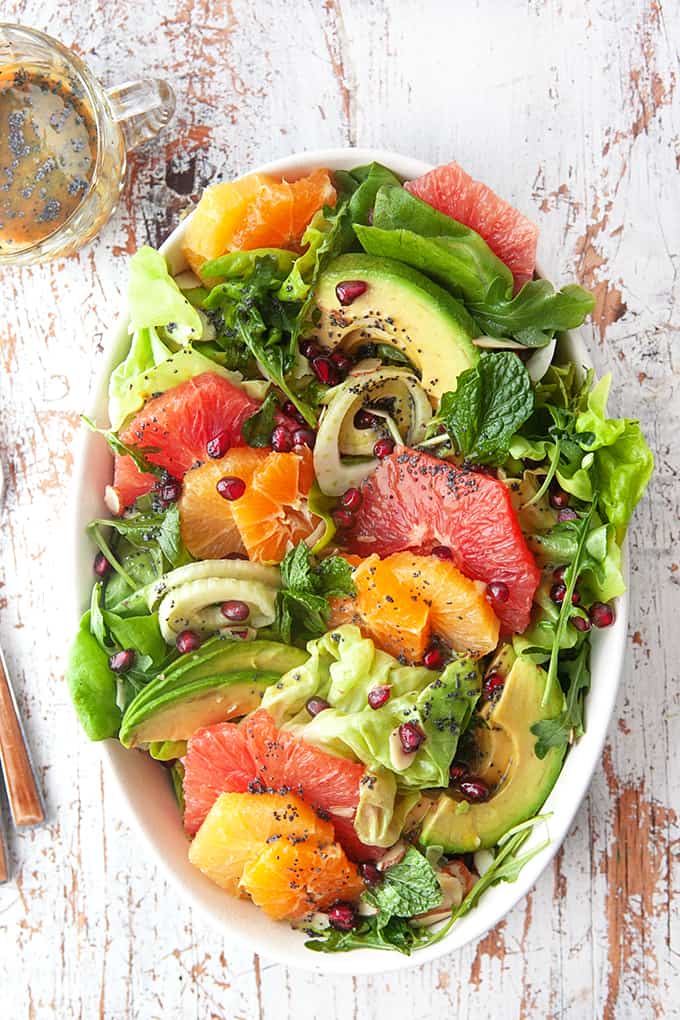 Overhead shot of Winter Citrus Salad with poppy seed dressing. 