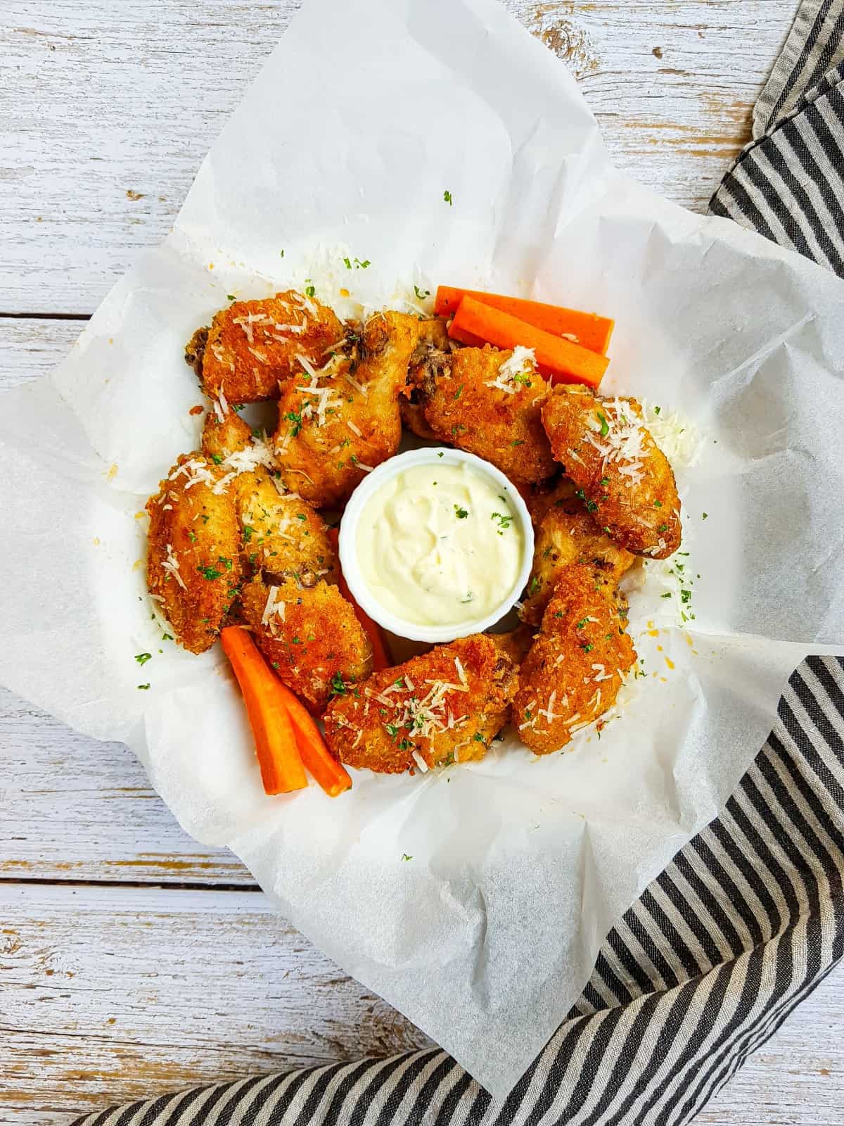 Platter of chicken wings with a dip and carrots