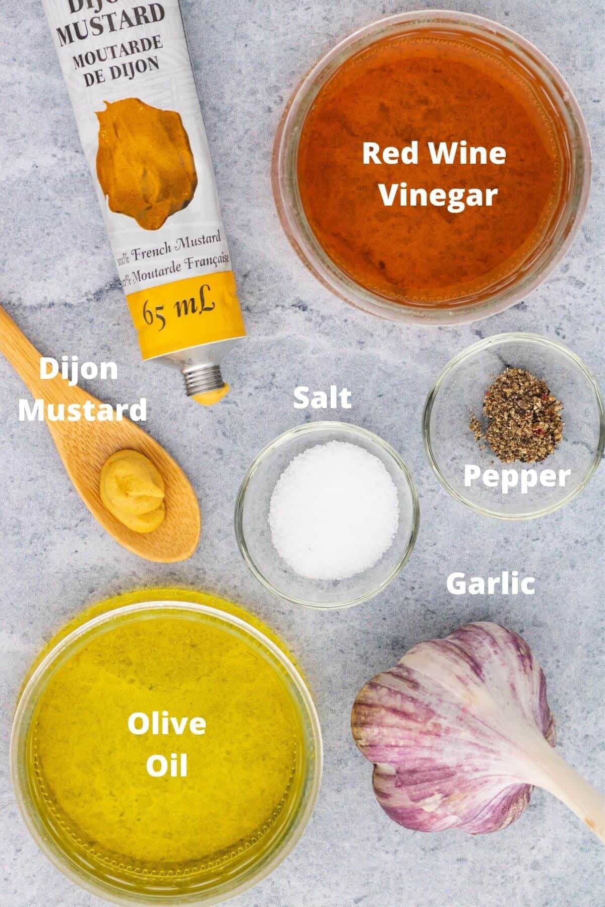 Labelled ingredients used in making Red Wine Vinaigrette.