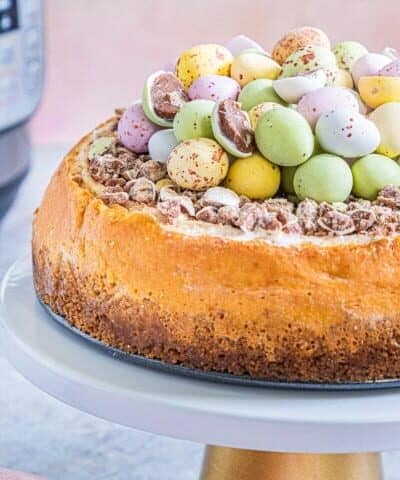 Easter Egg Instant Pot Cheesecake on a stand