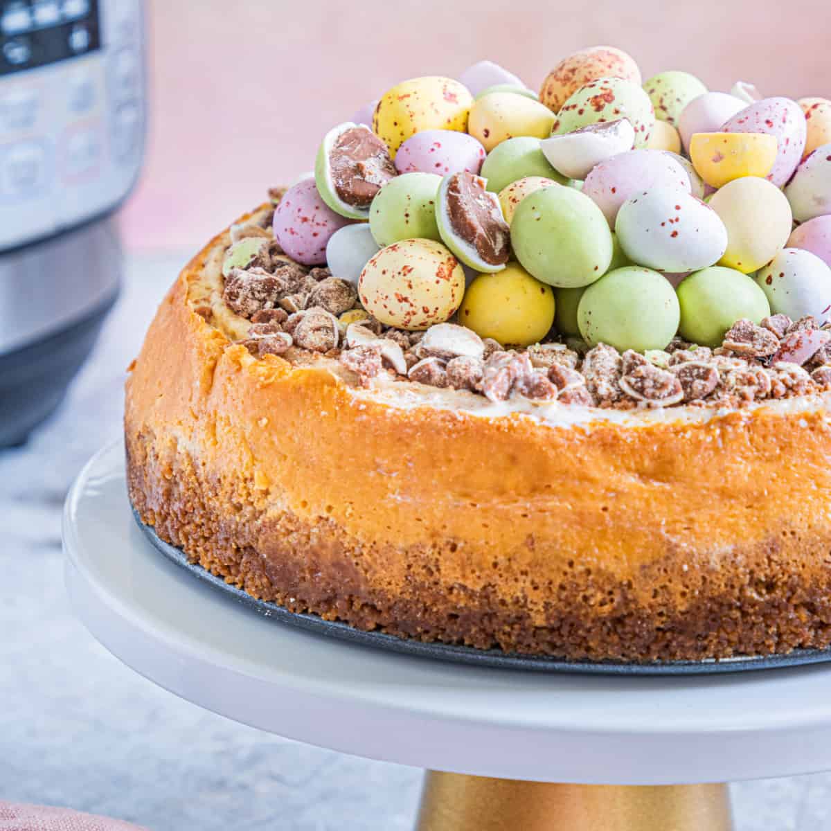 Easter Egg Instant Pot Cheesecake on a stand