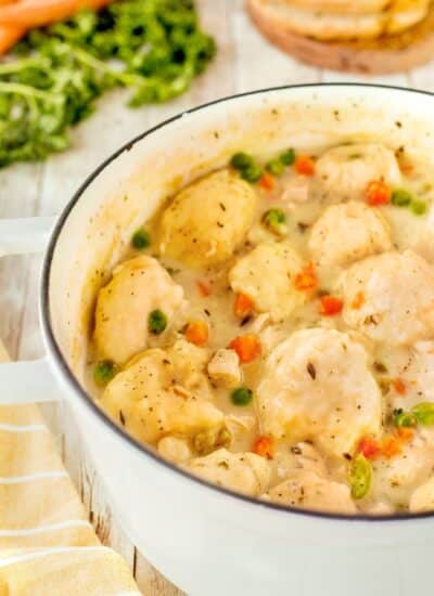 Chicken and Dumplings cooking in a large pot.