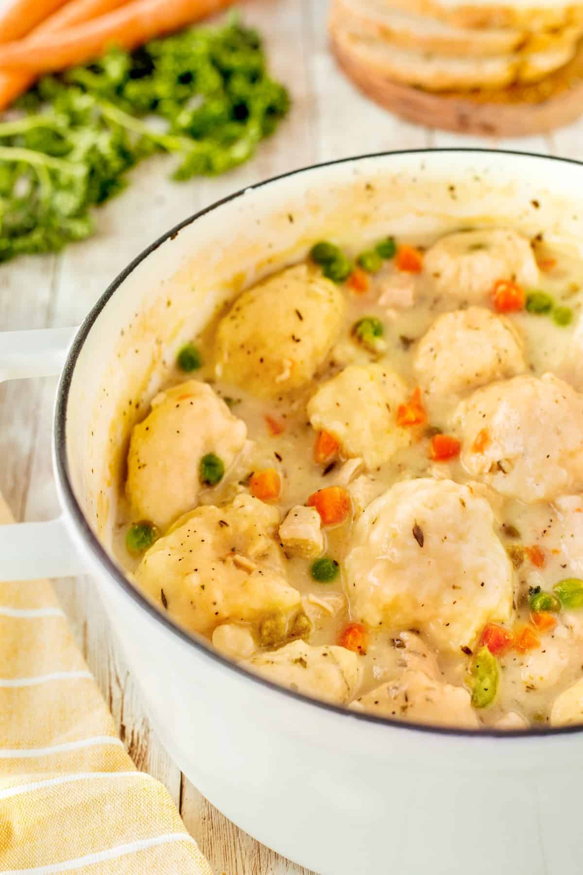 Chicken and dumplings in a white pot. 