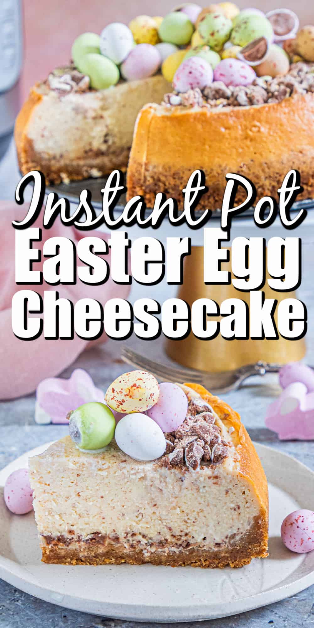 Easter Egg Instant Pot Cheesecake on a stand Pin