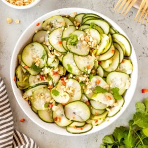Overhead shot of Asian Cucumber Salad in a bowl