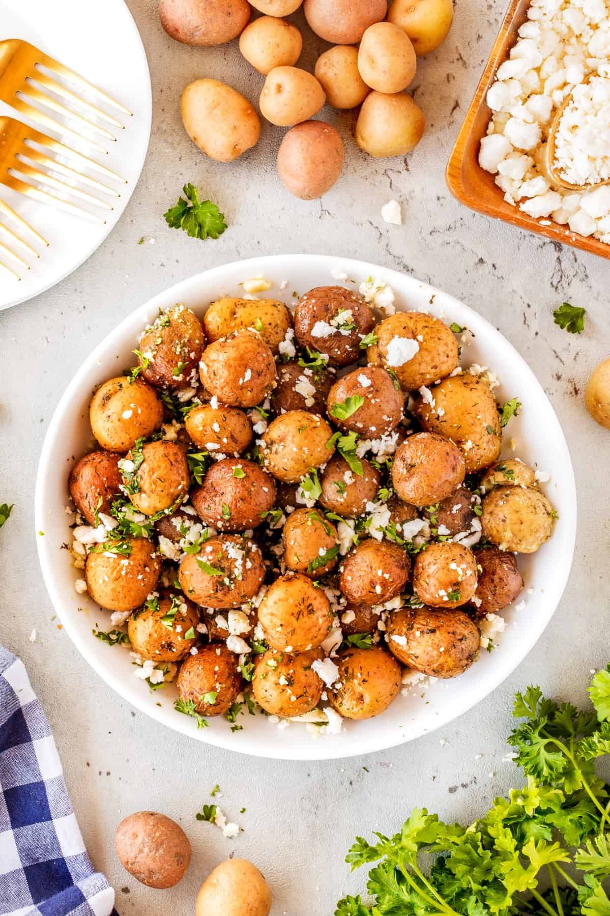 Bowl of Easy Lemon Feta Mediterranean Potatoes