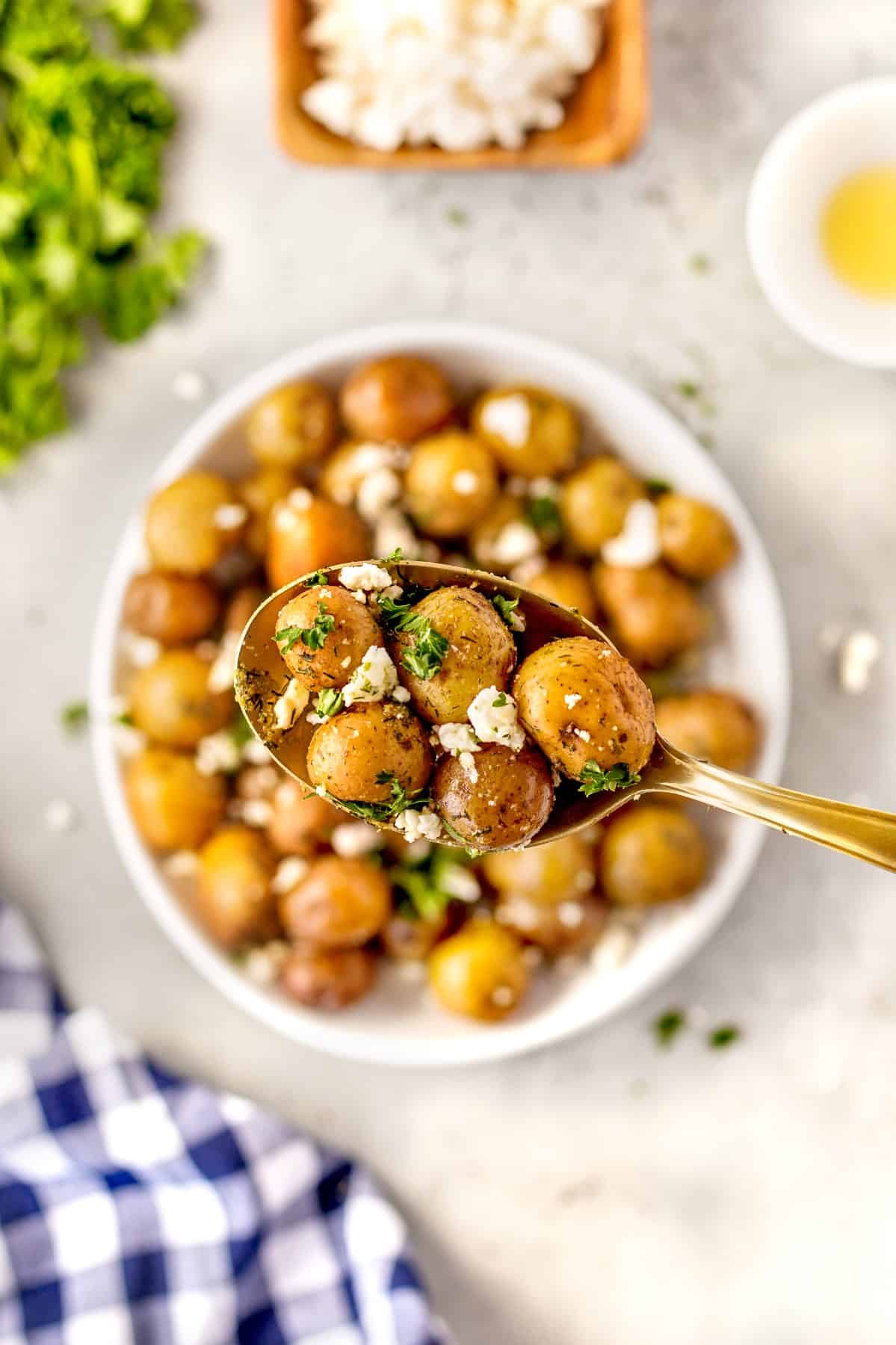 Close up of Little potatoes on a spoon. 