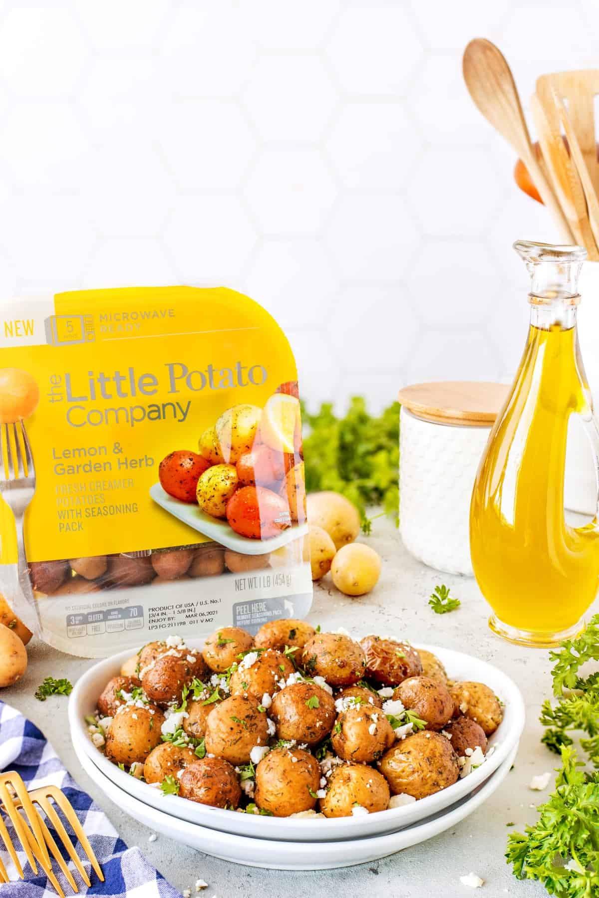 Bowl of Mediterranean Potatoes with  Little Potato Company packaging. 