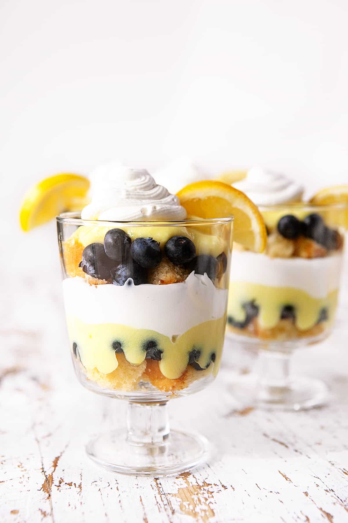 Two glasses of Lemon Blueberry Trifle