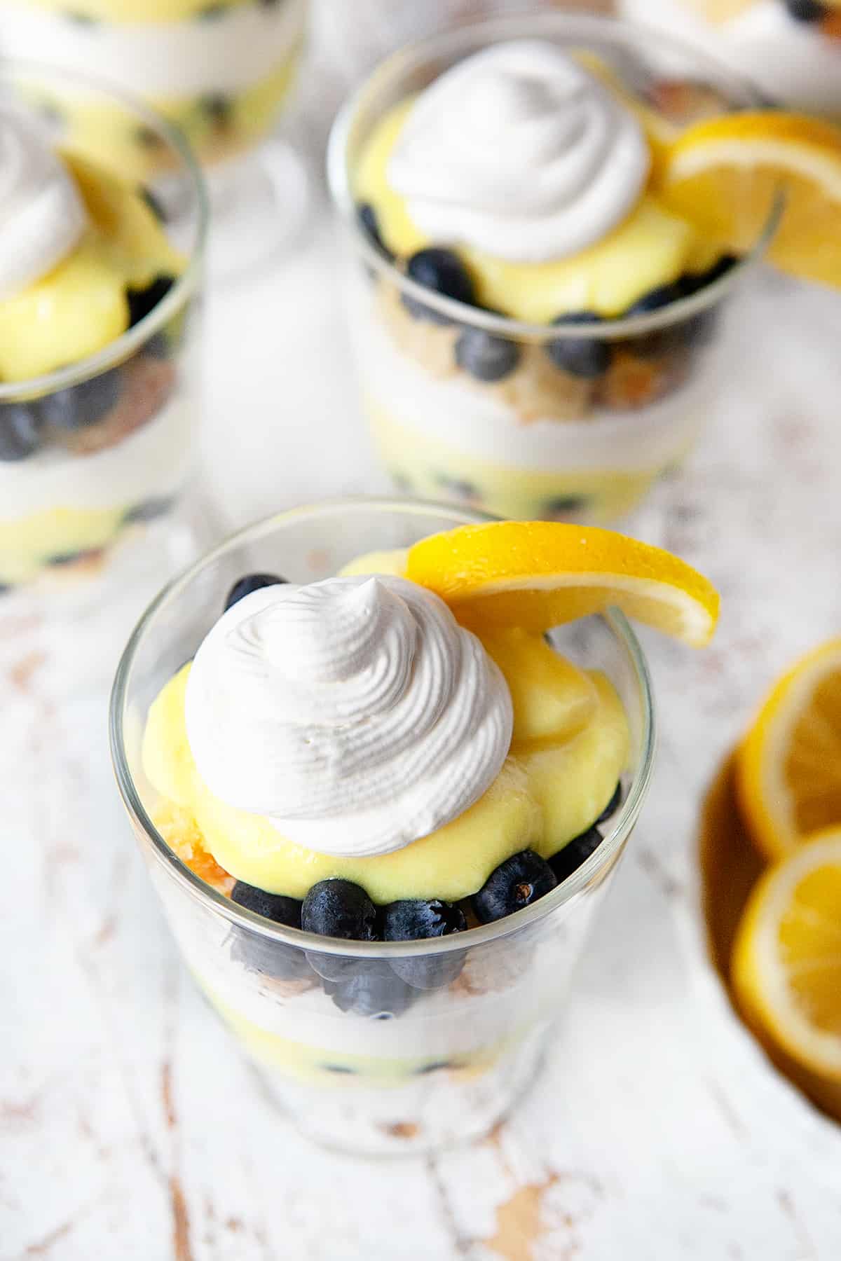 Lemon Blueberry Trifle in small trifle dish