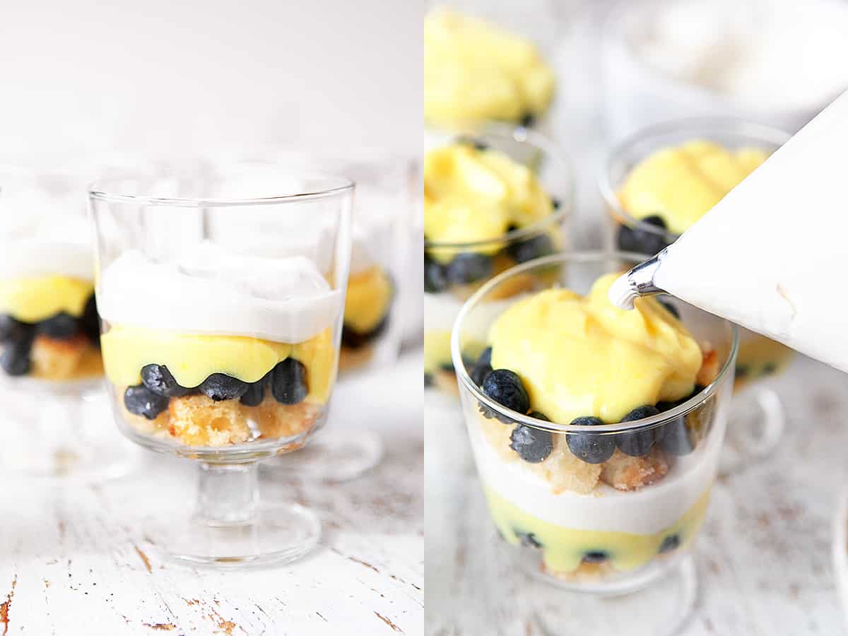 Piping whipped cream onto a Lemon Blueberry Trifle