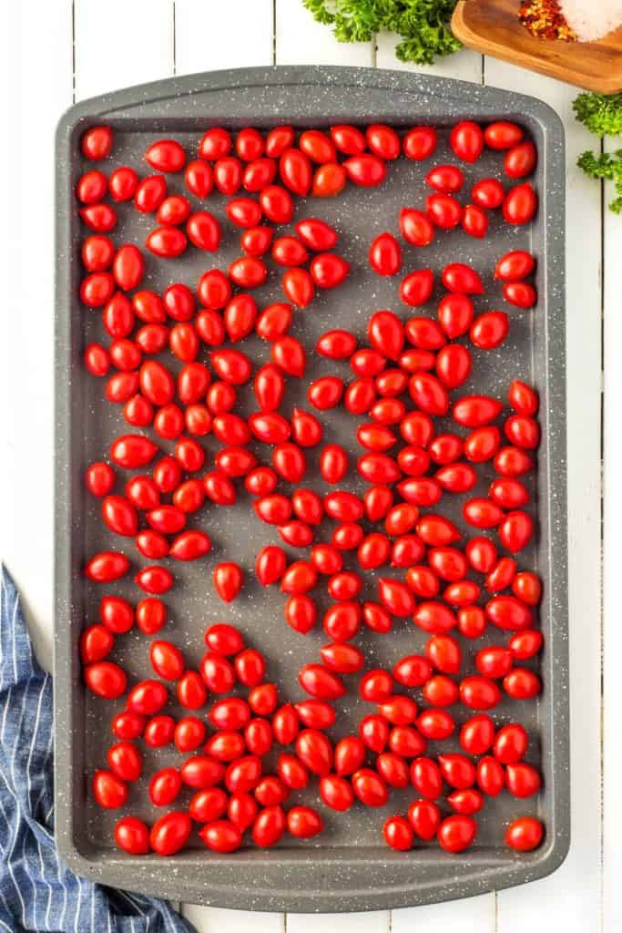 Grape tomatoes on a sheet pan