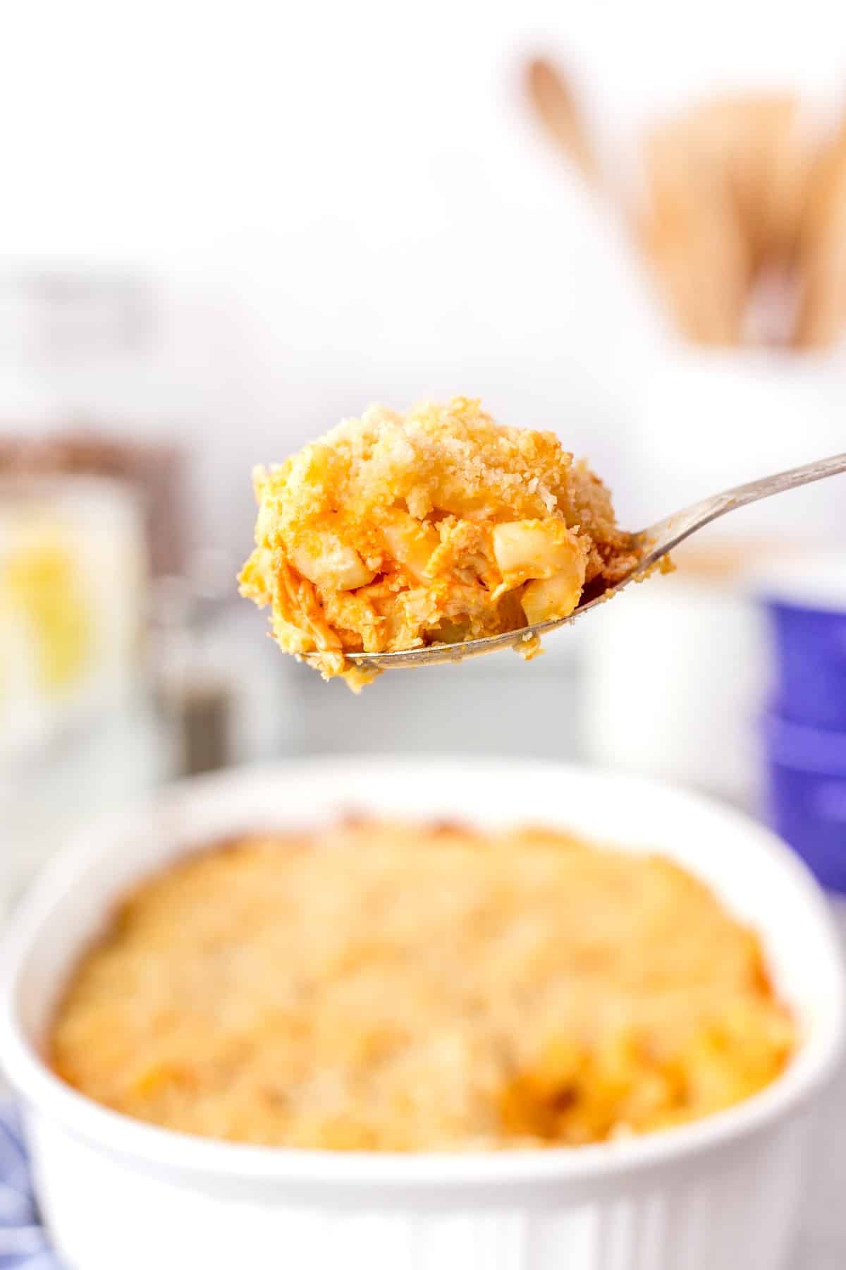 Closeup of a spoonful of mac and cheese