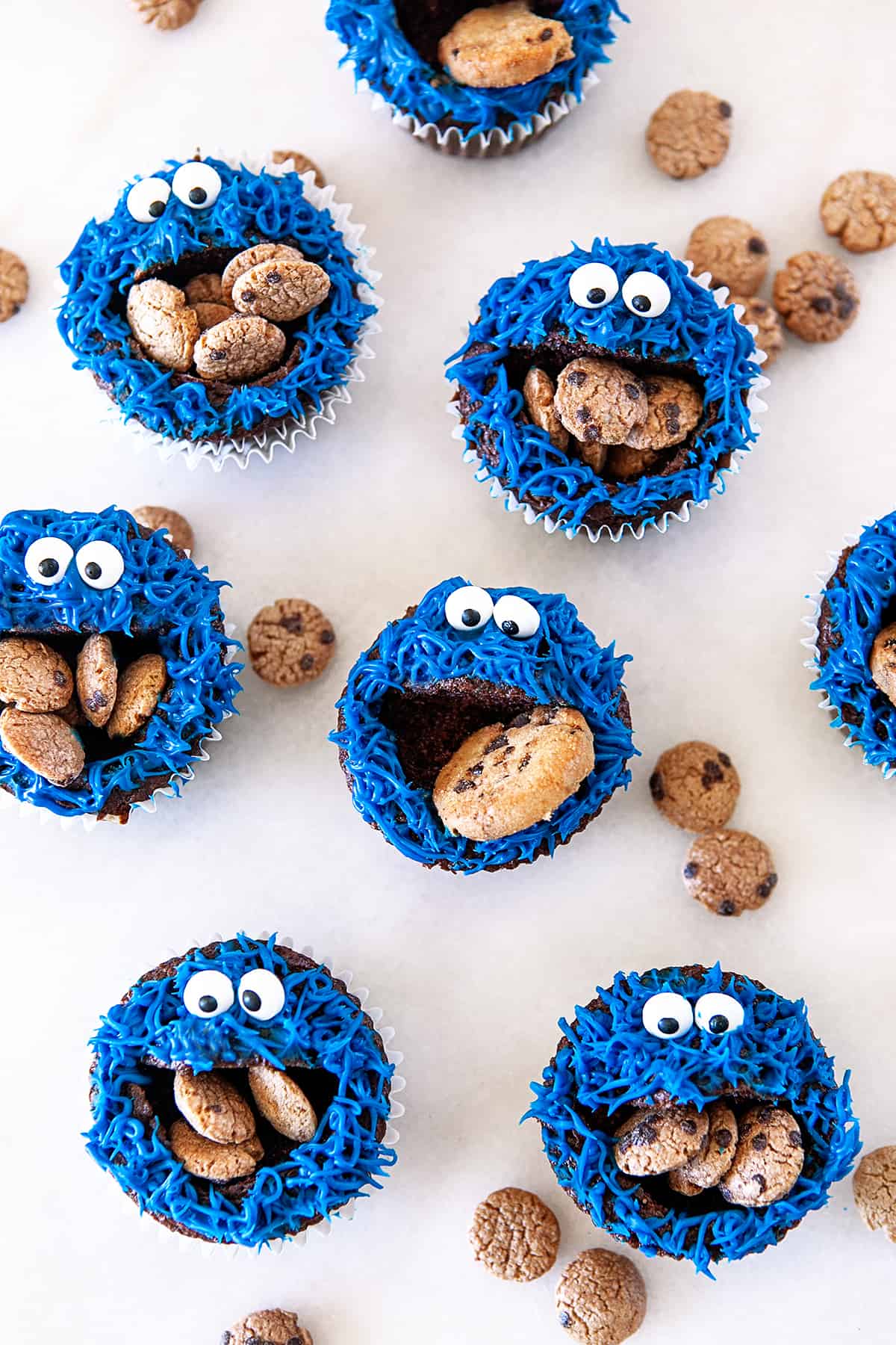 Overhead of Cookie Monster Cupcakes