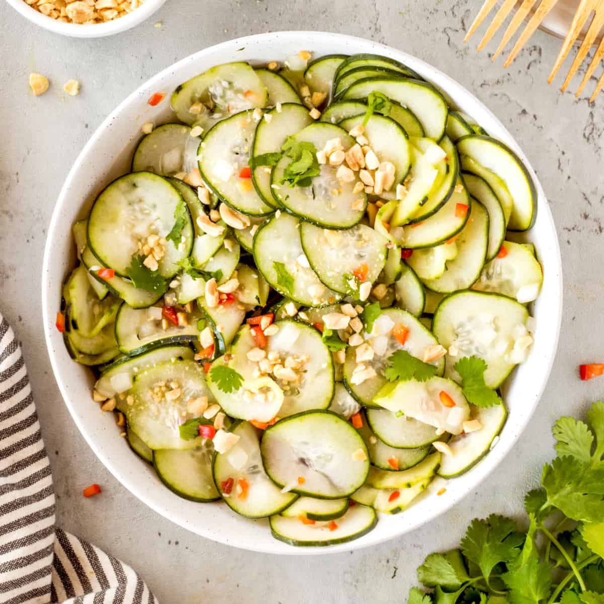 Overhead shot of Easy Asian Inspired Cucumber Salad