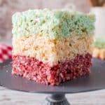 Layered Rice Krispie Square on a pedestal