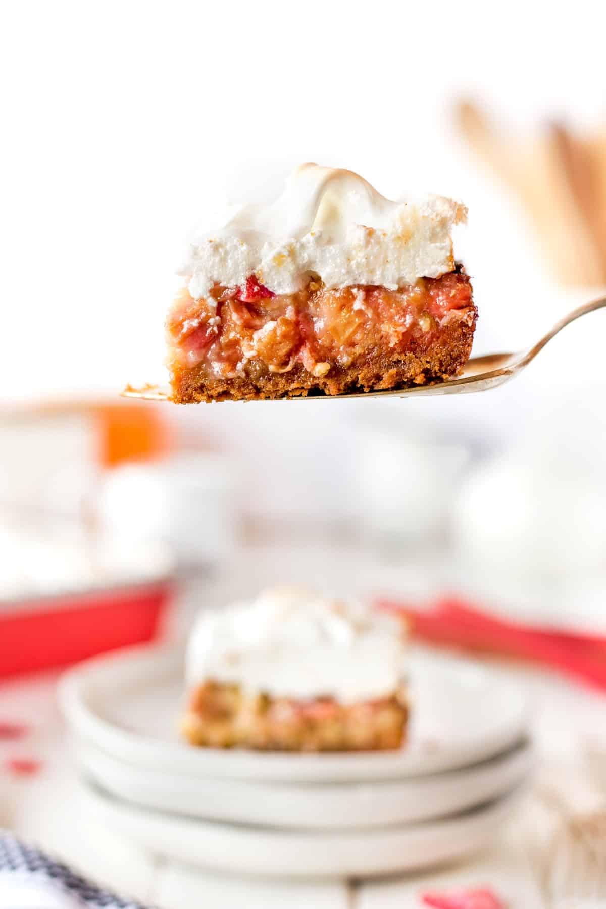 Rhubarb Meringue Dessert on a server. 