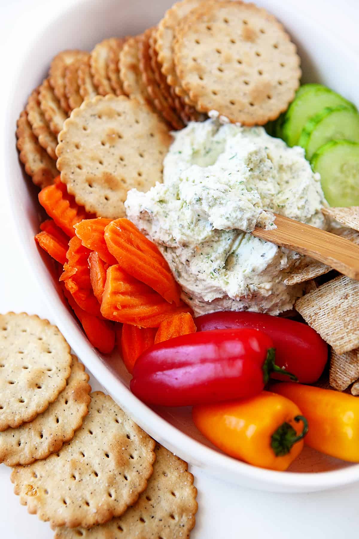 Close up of veggies, crackers and Boursin Cheese Recipe