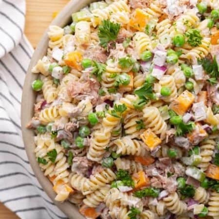 Tuna Pasta Salad in a bowl, overhead shot