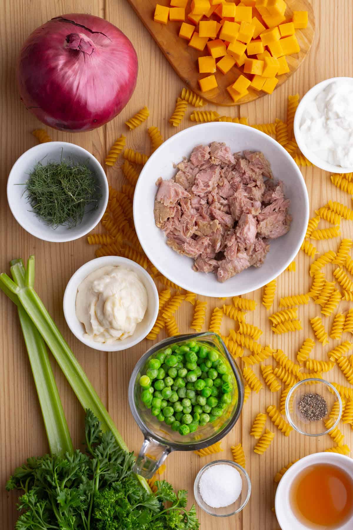 Ingredients used to make tuna pasta salad.