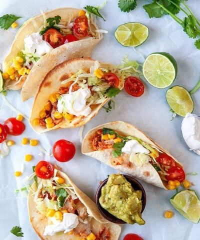 Overhead view of Easy Fast Rotisserie Chicken Tacos