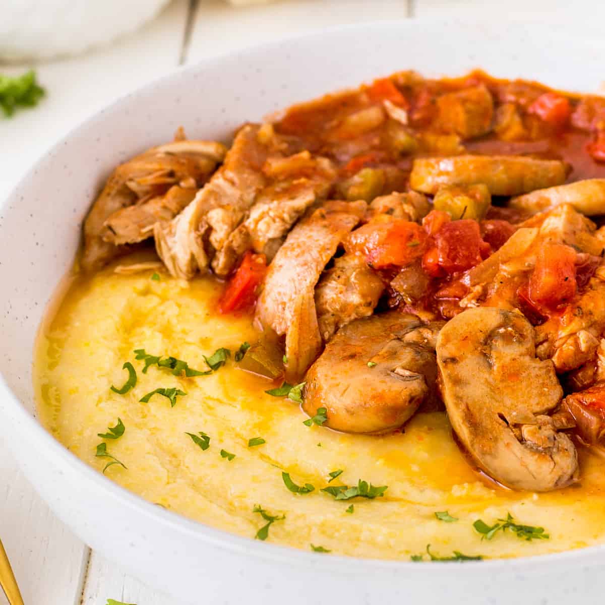Chicken Cacciatore with polenta in a bowl