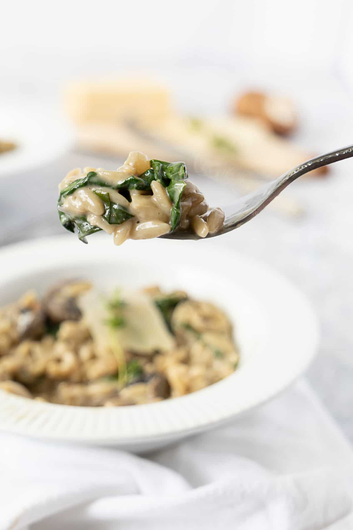 close up of mushroom orzo in a fork and a plate in the background