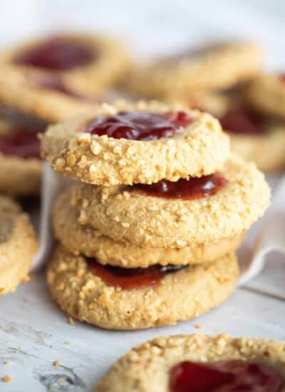 Peanut Butter and Jelly Cookies stacked.