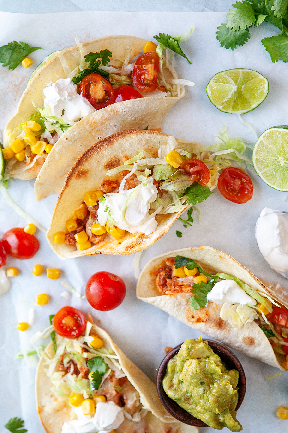 Overhead view of Fast Easy Rotisserie Chicken Tacos