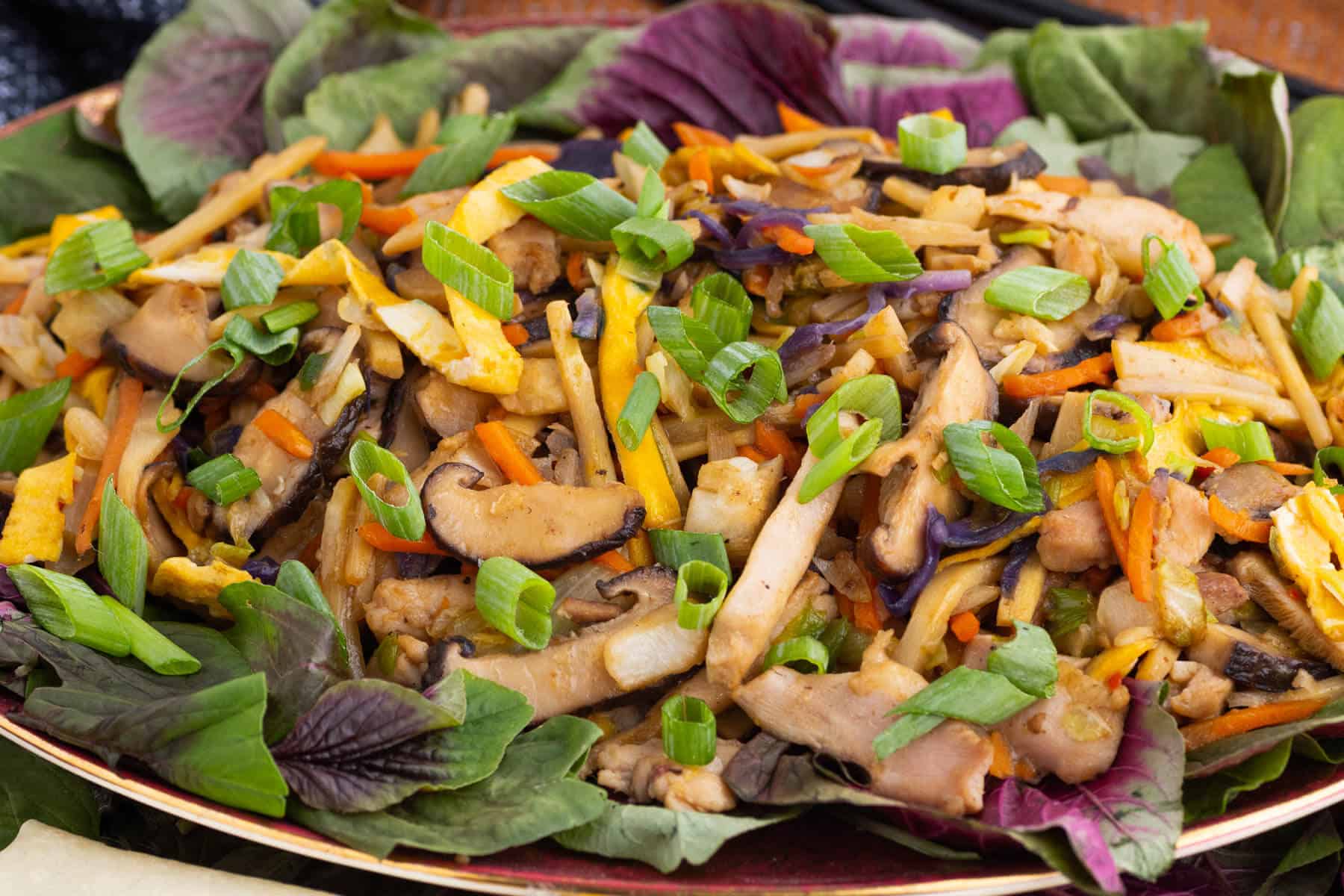 A platter full of colourful Moo Shu Chicken.