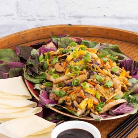 A platter full of colourful Moo Shu Chicken with Chinese pancakes and a dish of hoisin sauce.