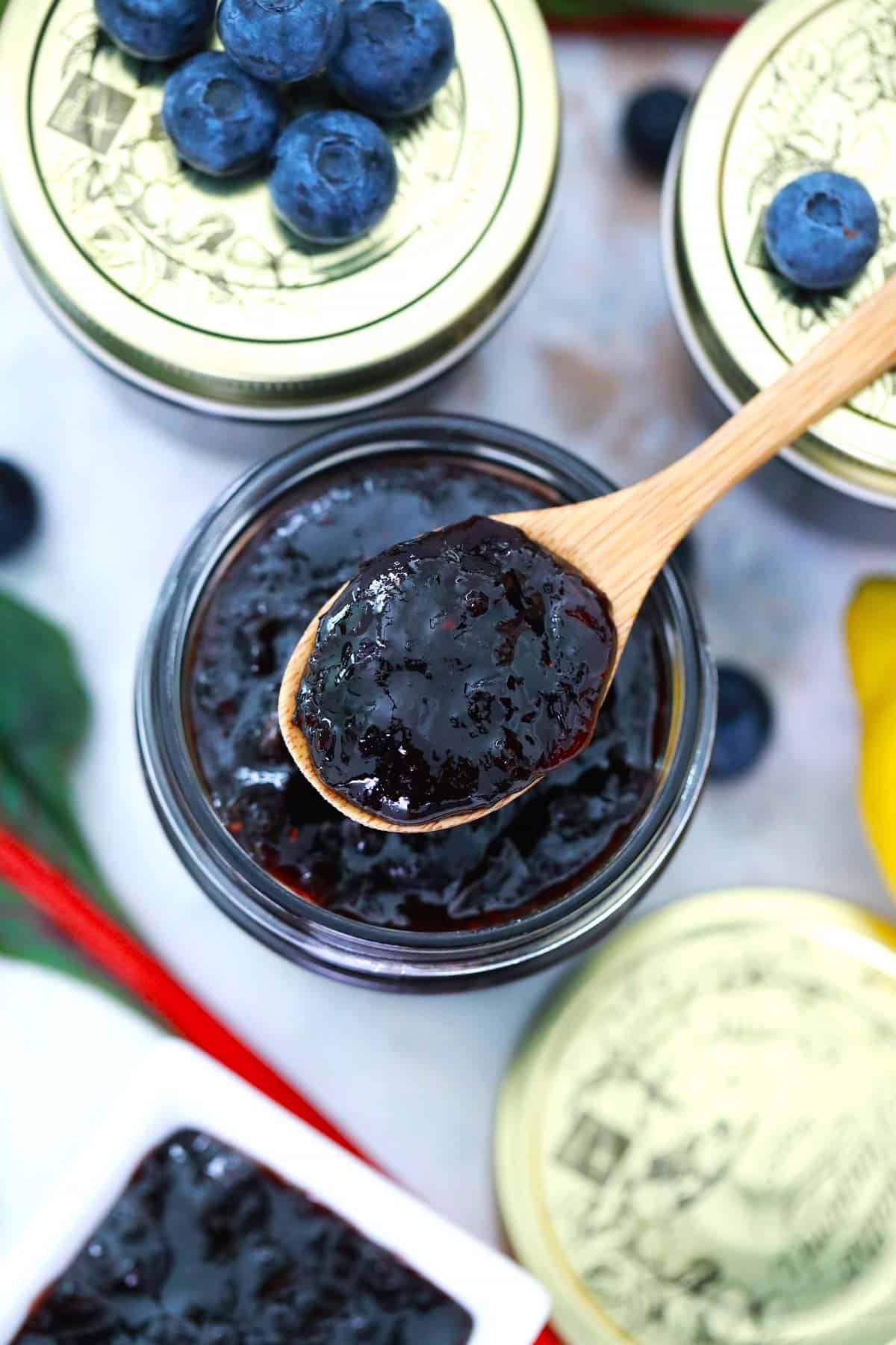 Spooning out blueberry rhubarb jam