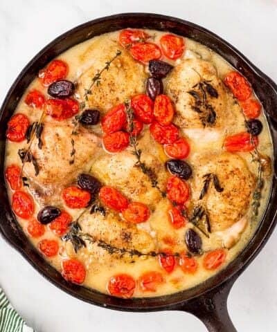 Skillet Chicken with Olives and Tomatoes, overhead shot