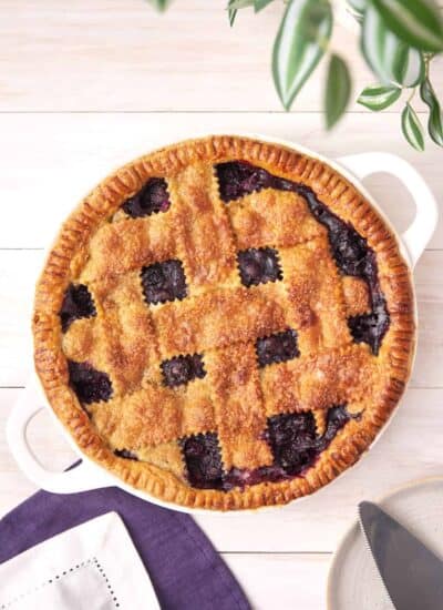 Overhead shot of a blueberry pie.