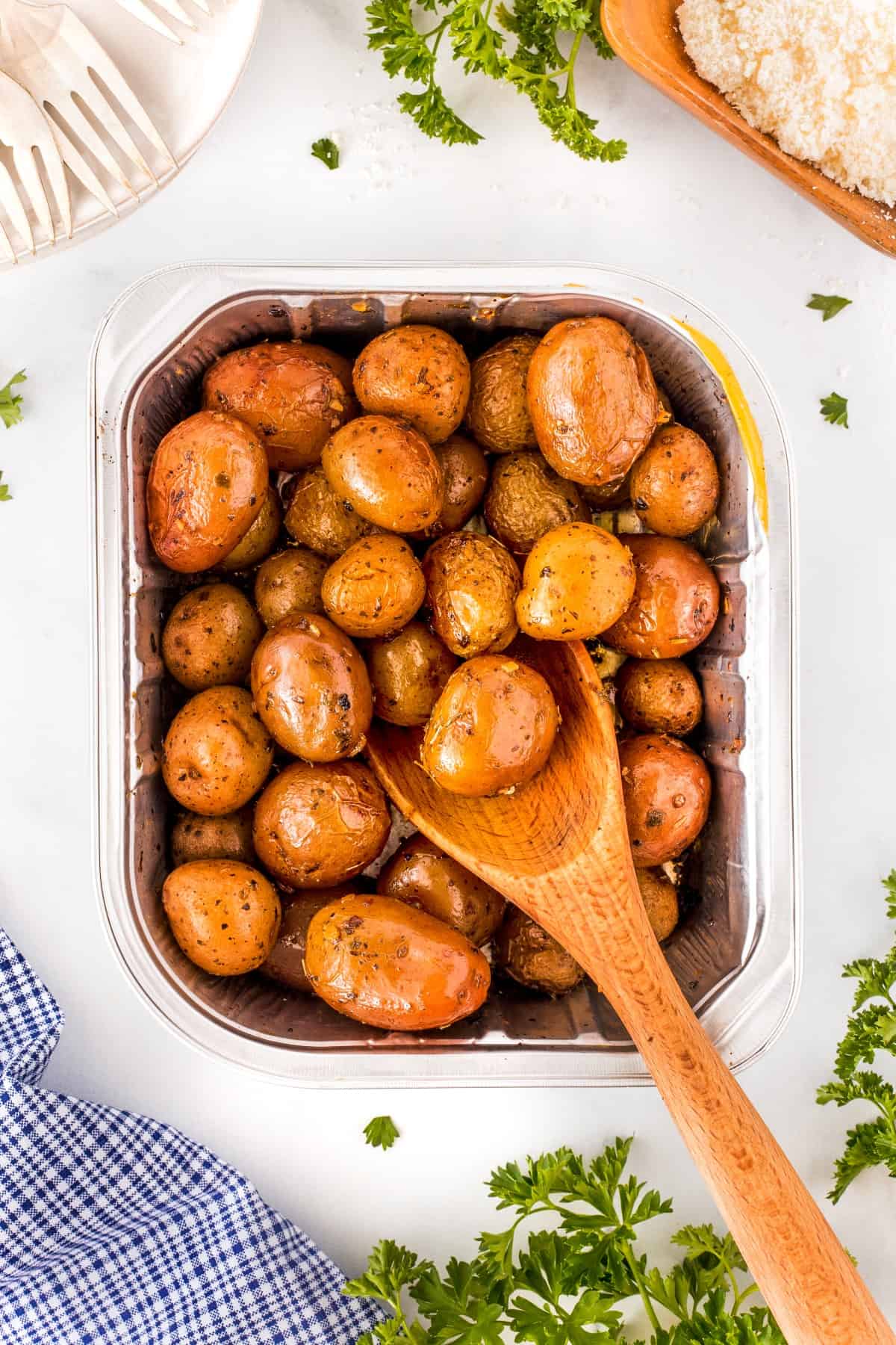 Overhead shot of potatoes in a pan. 