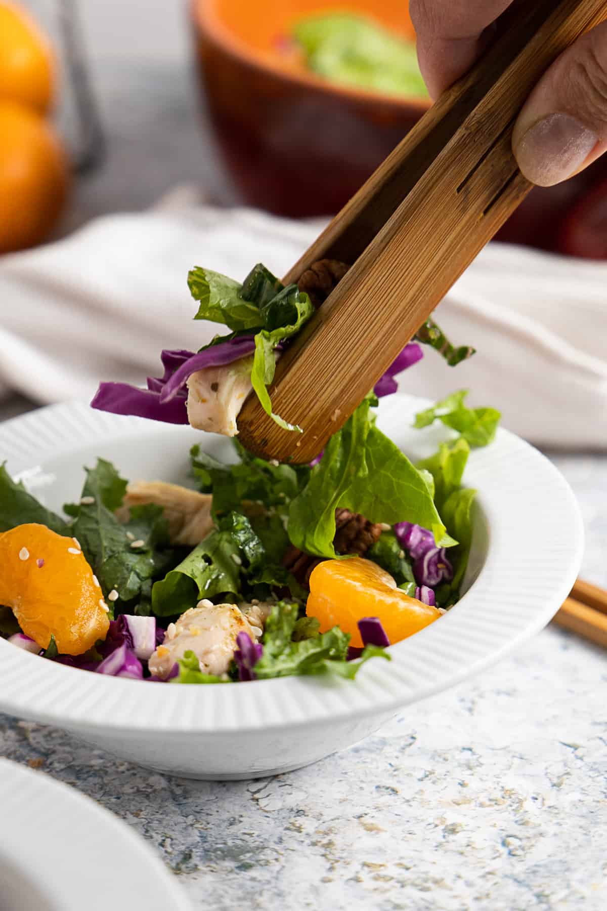 Side view of a mandarin chicken salad serving