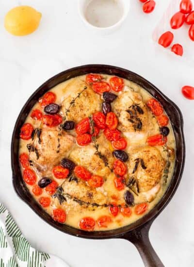Skillet Chicken with Olives and Tomatoes, overhead shot.