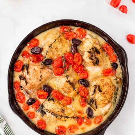 Skillet Chicken with Olives and Tomatoes, overhead shot.