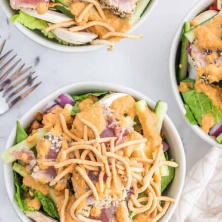 Overhead shot of bowls of Ahi Tuna Salad.