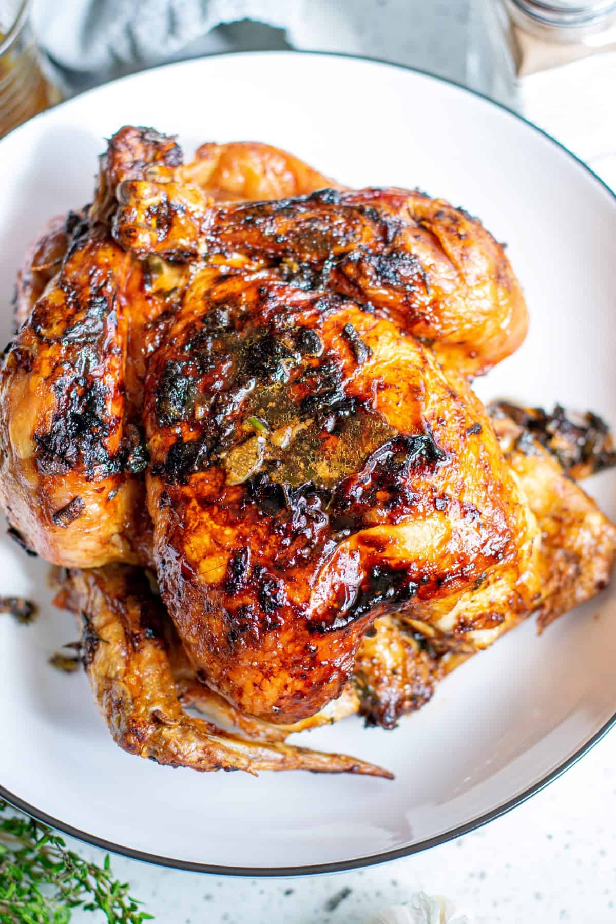Overhead of roast chicken on a platter