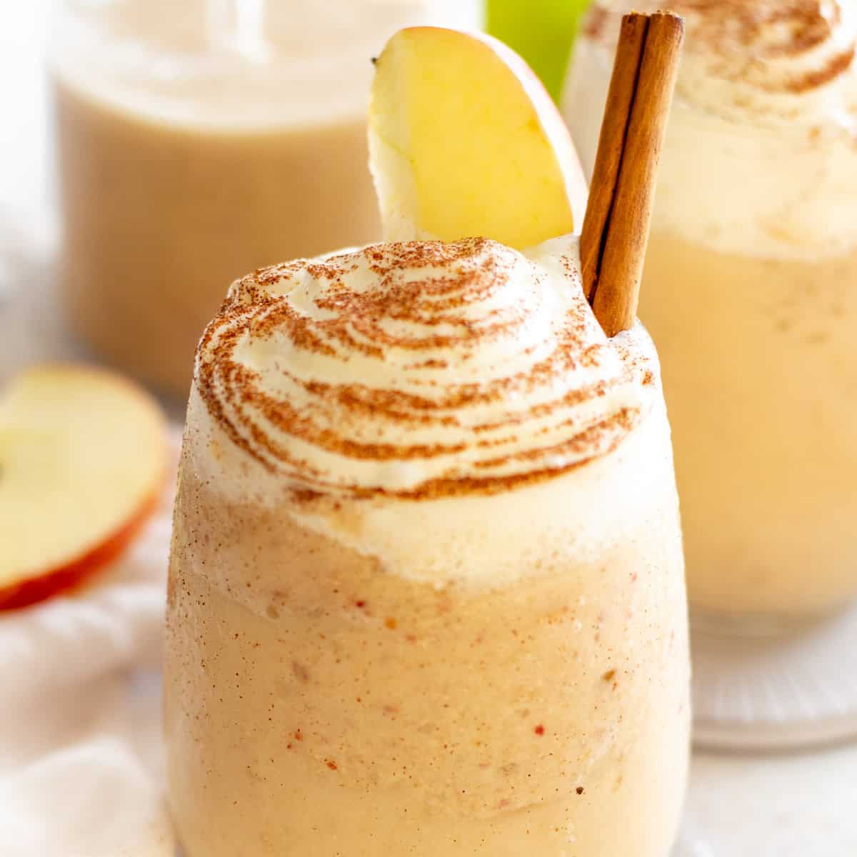 Square photo, front view of an Apple Pie Smoothie. 