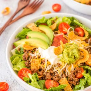 Easy Beef Taco Salad in a white bowl