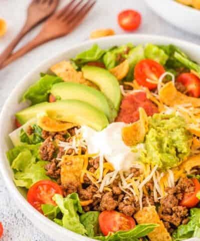 Easy Beef Taco Salad in a white bowl