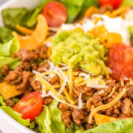 Easy Beef Taco Salad in a white bowl