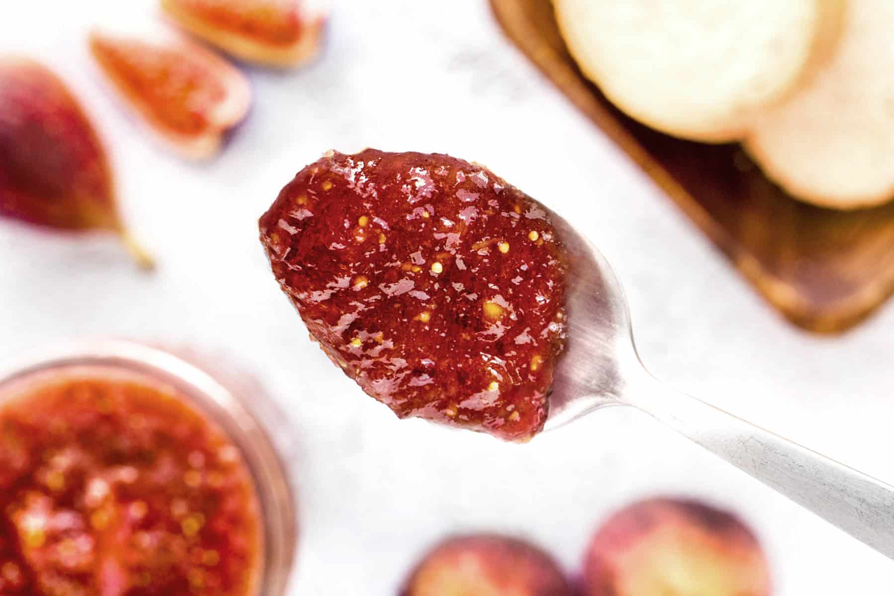 Overhead of a spoonful of fig jam