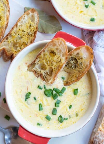 Bowls of Beer Cheese Soup with Garlic Toast
