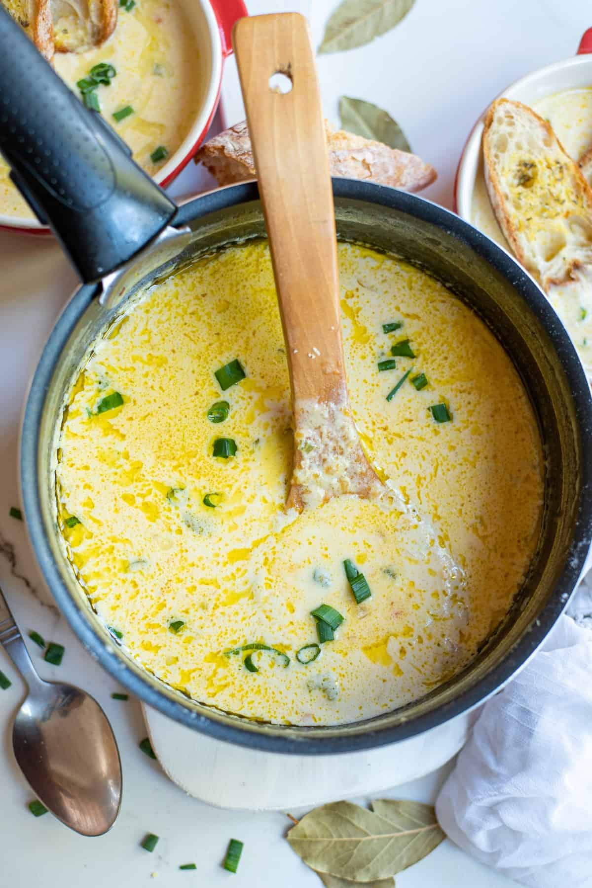 Pot of beer cheese soup