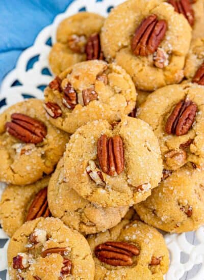 Butter Pecan Cookies on a pretty white ceramic.