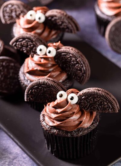 Halloween Bat Cupcakes on a black plate
