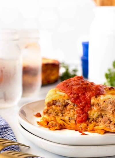 Instant Pot Lasagna on a plate with marinara sauce